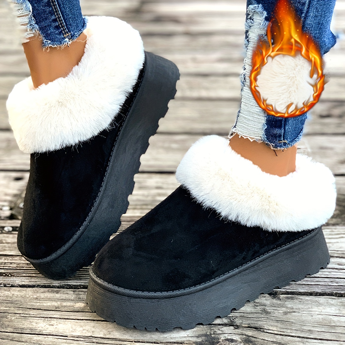 Women's Winter Slip-On Snow Boots with Plush Fau Collar Thick Rubber Sole  Round Toe Warm, Brown/White Snowflake Design for Ice Snow, No