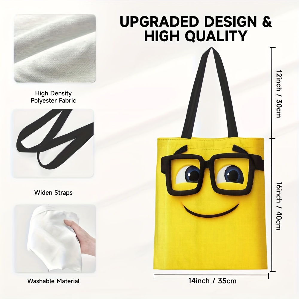 TEMU 1pc Cartoon Glasses Yellow Tote Bag - Durable Polyester, No Closure Design, Perfect For Shopping & Daily Use, Stylish Shoulder Carryall For