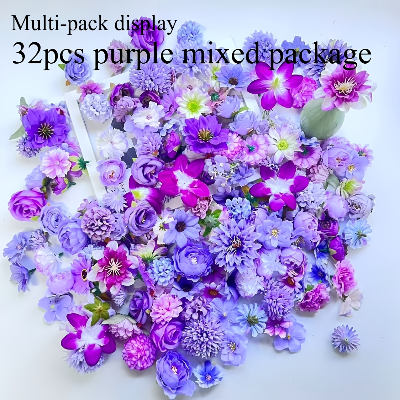 Image of 32pcs Polyester Simulated Flower Heads | Colors Including Roses, Daisies, Suitable For Holiday, Wedding, Home Decor, Tabletop Placement