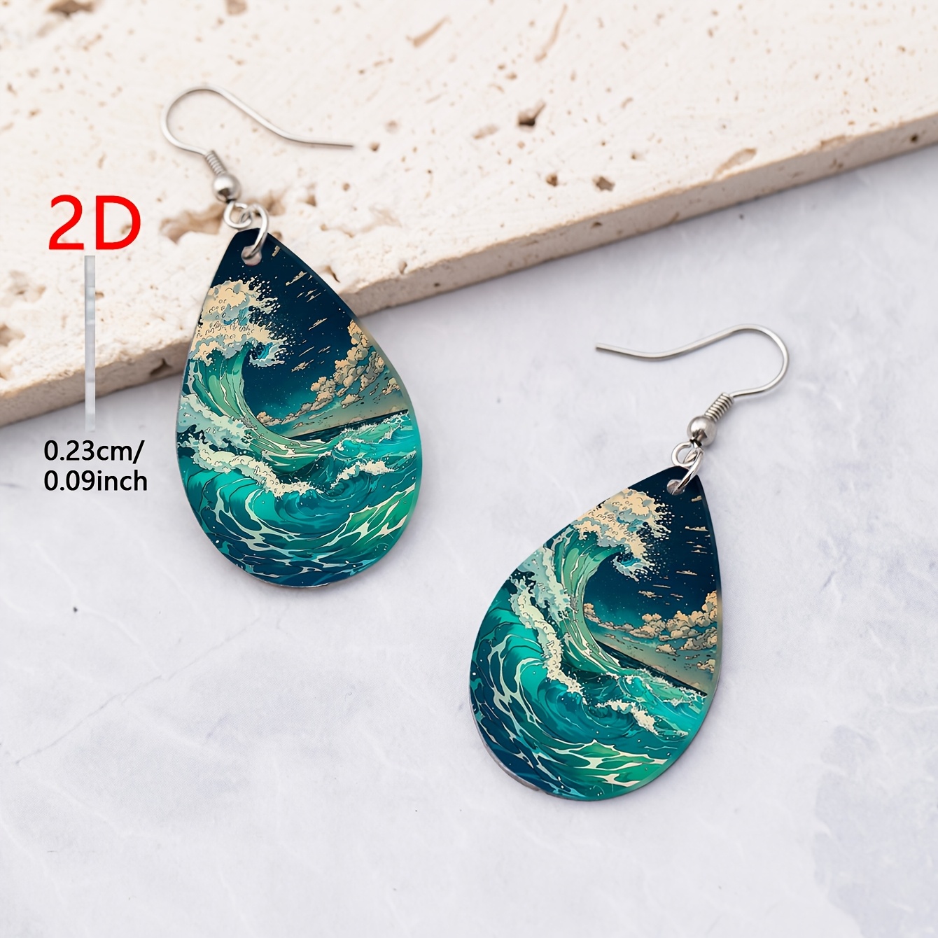 Women's Teal Wave Pattern Acrylic Teardrop Earrings