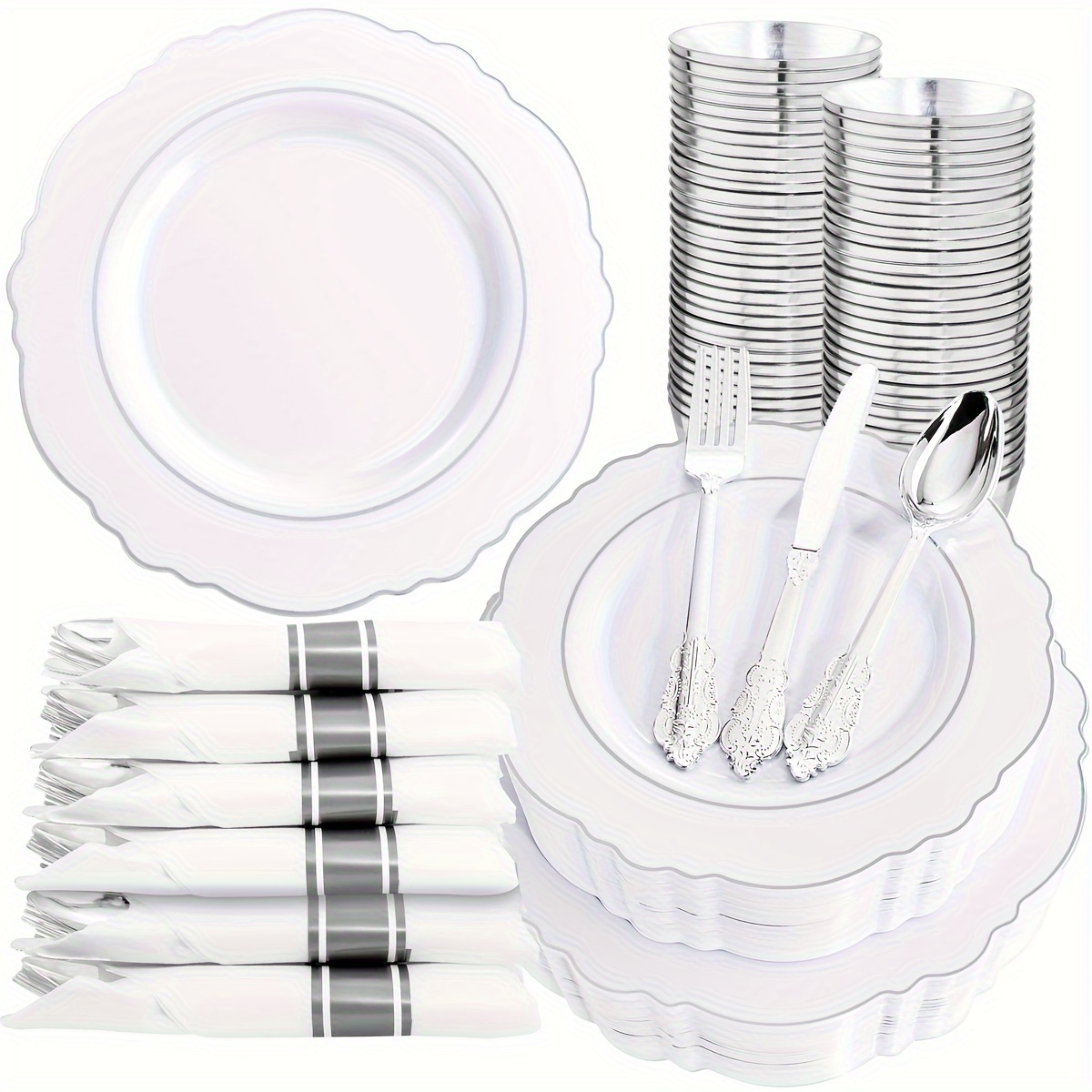 

Liacere 350pcs Plates-disposable White And 50guest Plastic Dinnerware Set 100plates, 50pack Pre Rolled Napkins With Silverware Wedding&christmas Day&new Year