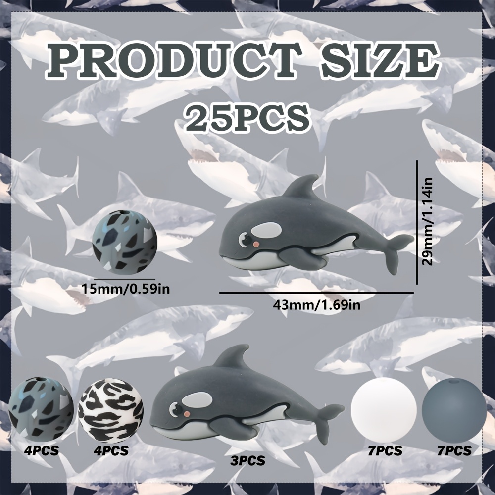 TEMU 25pcs Silicone Beads, 3d Small Dolphin Shaped Loose Beads With Black And White Striped Print, And Gray And White Round Beads - Suitable For