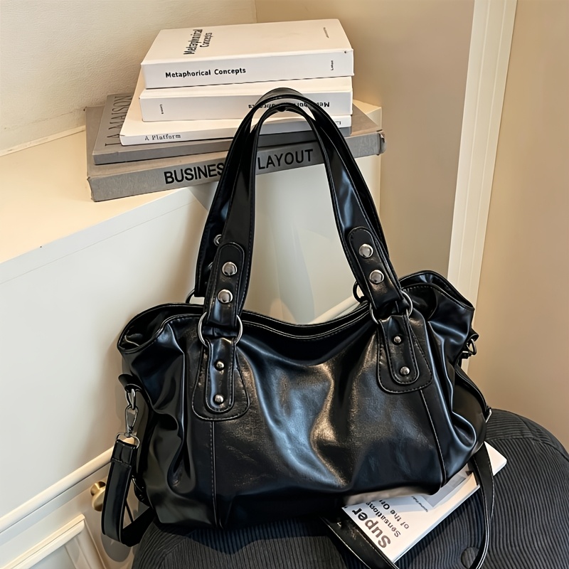 Image of Retro Y2k Style Women's Handbag, Soft Waxed, Large Capacity Shoulder Crossbody Bag, Casual Rivet Decor Multi-pocket Commuter Bag, With Adjustable Shoulder Strap