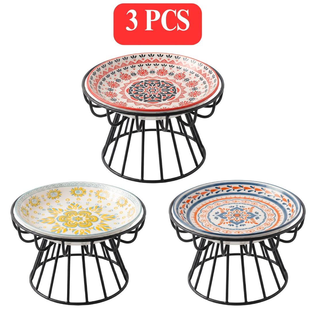 TEMU Set Of 3 Ceramic Elevated Pet Bowls, Multi-piece Bohemian Style Raised Bowls With Iron Stand, Elevated Design Reduces Neck During Feeding,