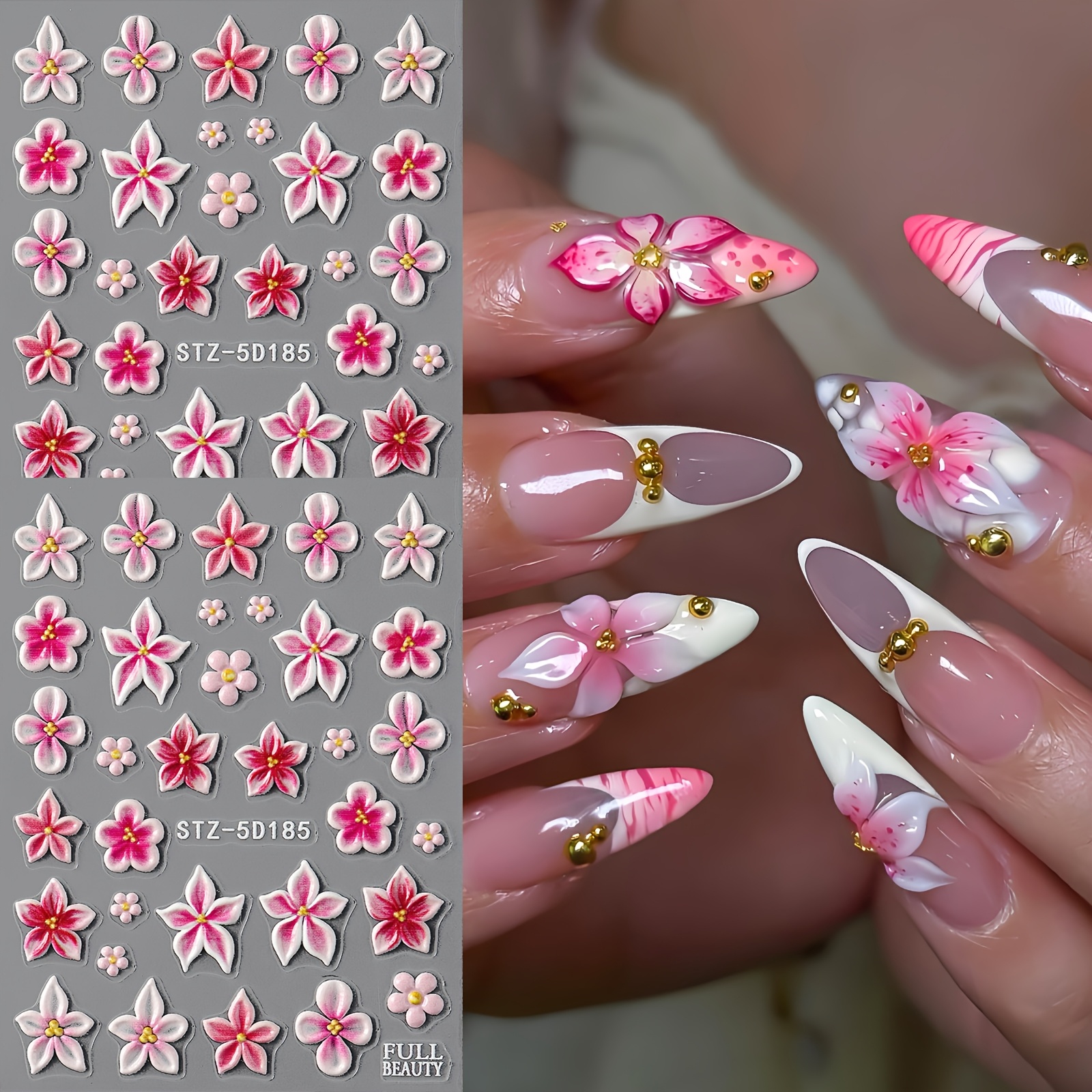 Image of 2pcs Jelly Pink Nail Stickers 5d Embossed Ombre Hibiscus Mini Floral Petal Spring Nail Art Decals Summer Wedding Nail Supplies Diy Holiday Nail Charms Decorations