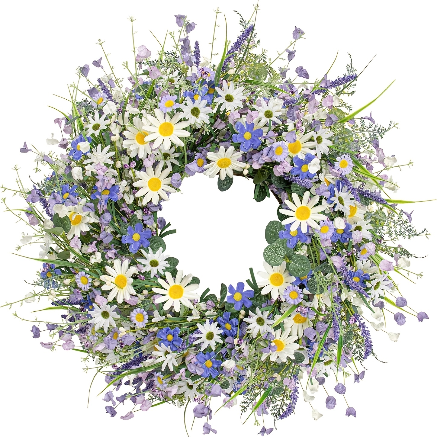 Image of 18.11 Inches Spring Wreath, Blue Floral Garland For Front Door, Spring Door Wreath Summer Wreath, With Garland, Indoor Porch Window Home Decor