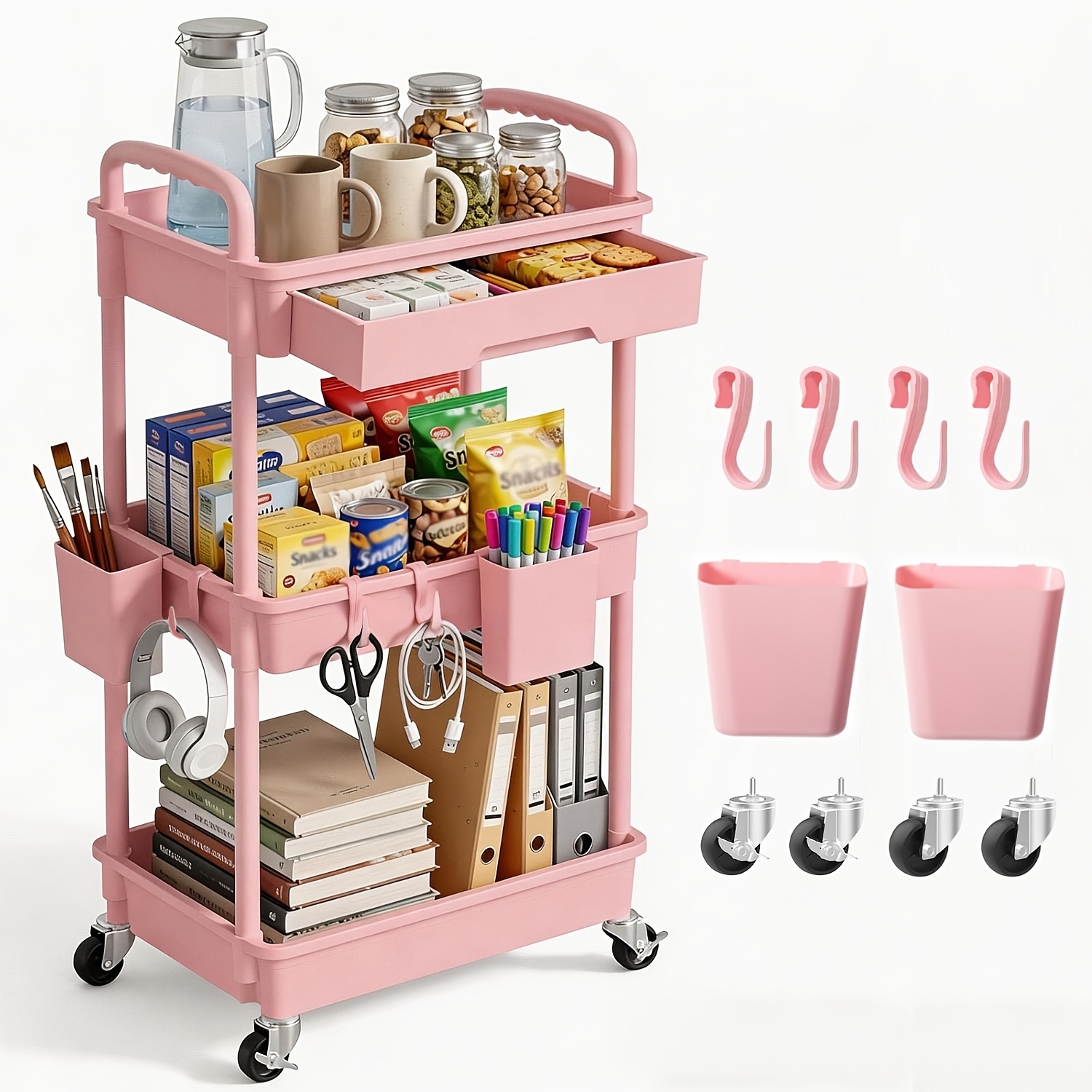 three tier drawer hook rolling storage cart multi functional plastic mobile storage trolley suitable for kitchen bathroom office living room   saving portable organizing solution   3   wheels 6 accessories