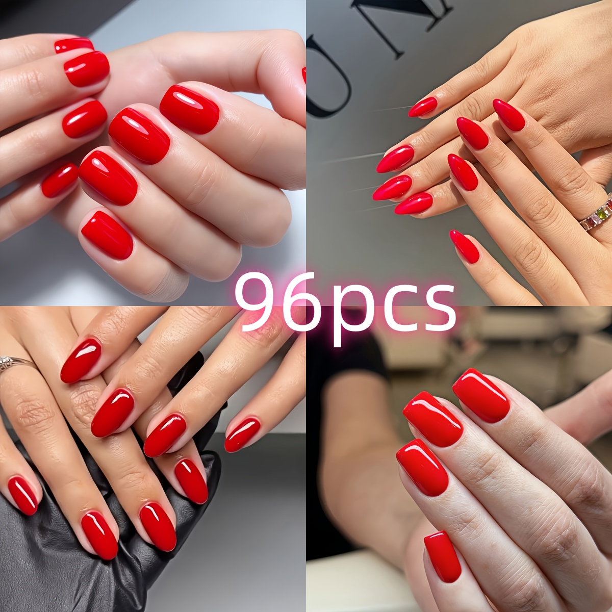 Image of 96pcs Red Glossy Press-on Nails, Shapes: Short Square, Almond, Oval, Rectangle, False Nails For Women, Suitable For Holidays, Parties, Daily Wear, Easy To Remove, Reusable