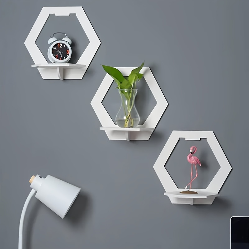 

3-piece Hexagon Wall Shelf Set - No-drill, Easy Install Display Stands For Home Decor - Perfect For Bedroom, Living Room & Tv Background