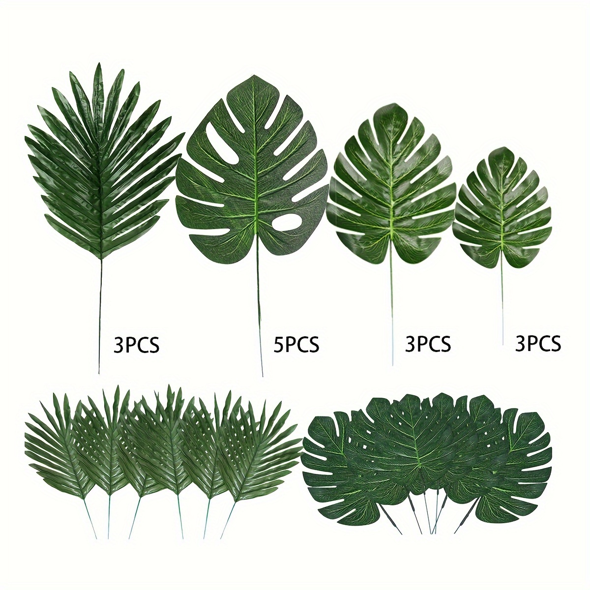 Image of 14pcs Tropical Artificial Palm Leaves With Stems - Plastic Monstera Leaves For Hawaiian Luau, Reunion, Table Decorations - No Electricity Or Battery Needed, Palm Tree Decor