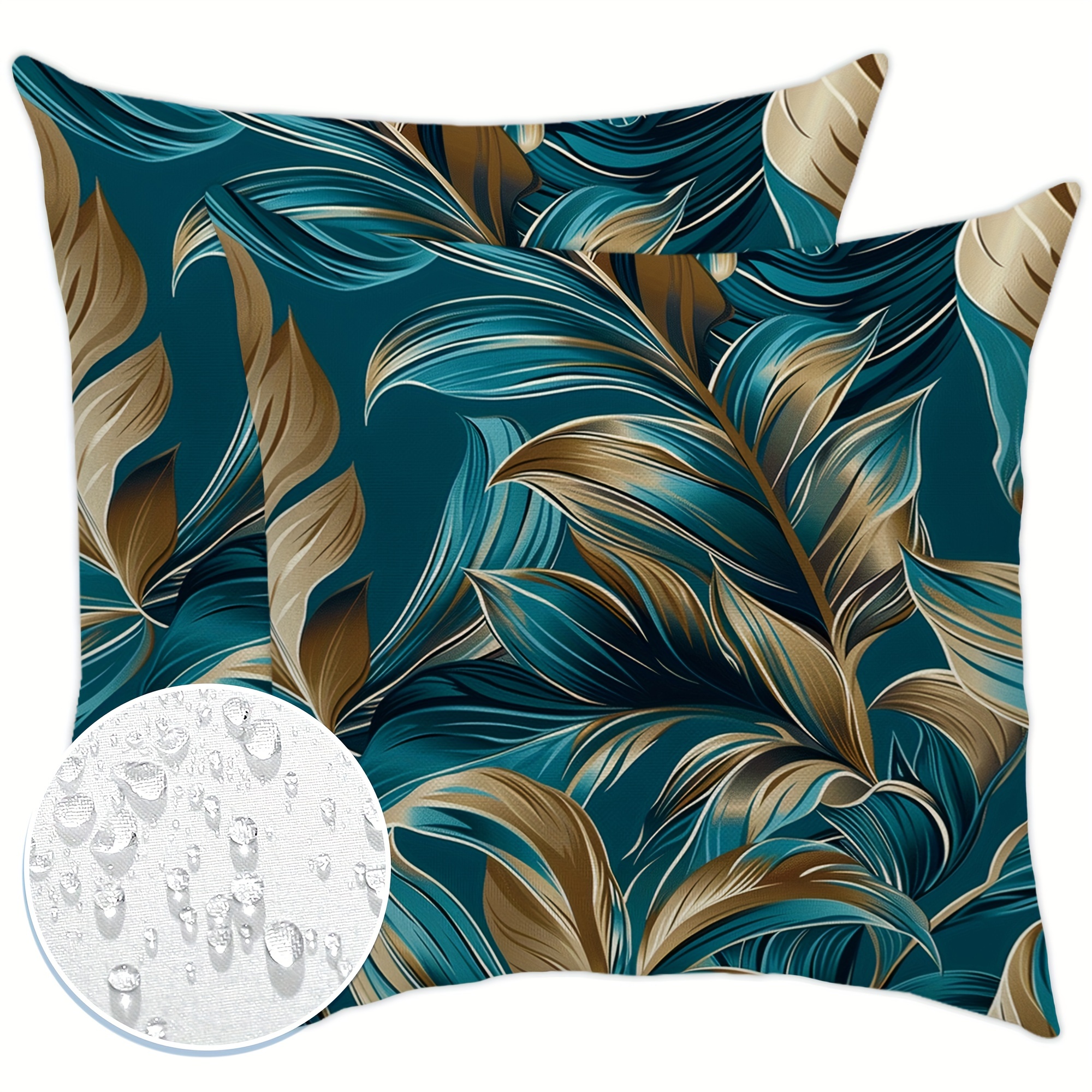 

2pcs Tropical Leaf & Golden Waterproof Throw Pillow Covers, 18x18 Inch - Patio, Garden, And Outdoor Furniture Decor