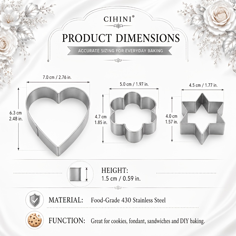 TEMU Cihini- 3pcs Stainless Steel Cookie Cutters - Cookie Molds - Durable Baking And Decorating Cookie Cutters - With Anti-cut Hand Feature - Rust