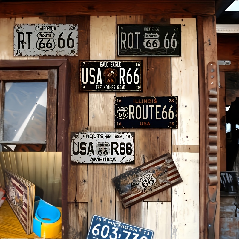Image of 2d Flat - Set Of 6 Vintage Highway Signs | 2d Printed Wooden Decorative Plaques, Ideal For Car Decoration And Suitable For Men's Cave-like Garages, Bars, Or Home Decor, For Decorative Use Only
