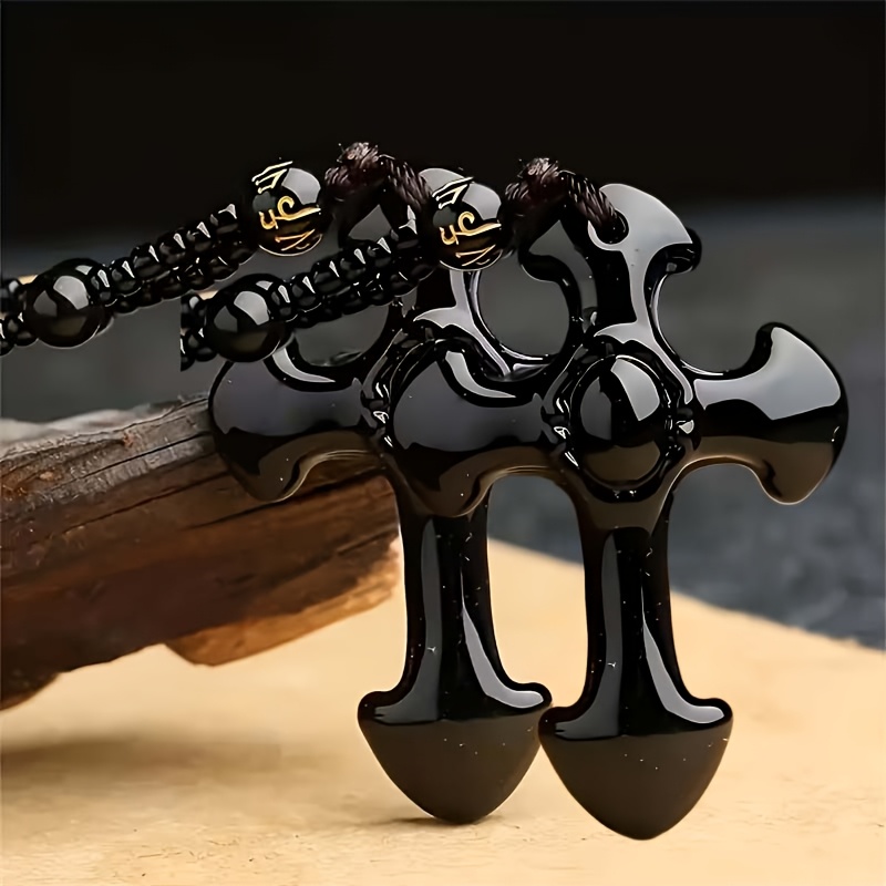 TEMU 2pcs Obsidian Necklace Cross Amulet Protective Pendant With Bead Chain Black Synthetic Gem Amulet Jewelry Gift For Men Women