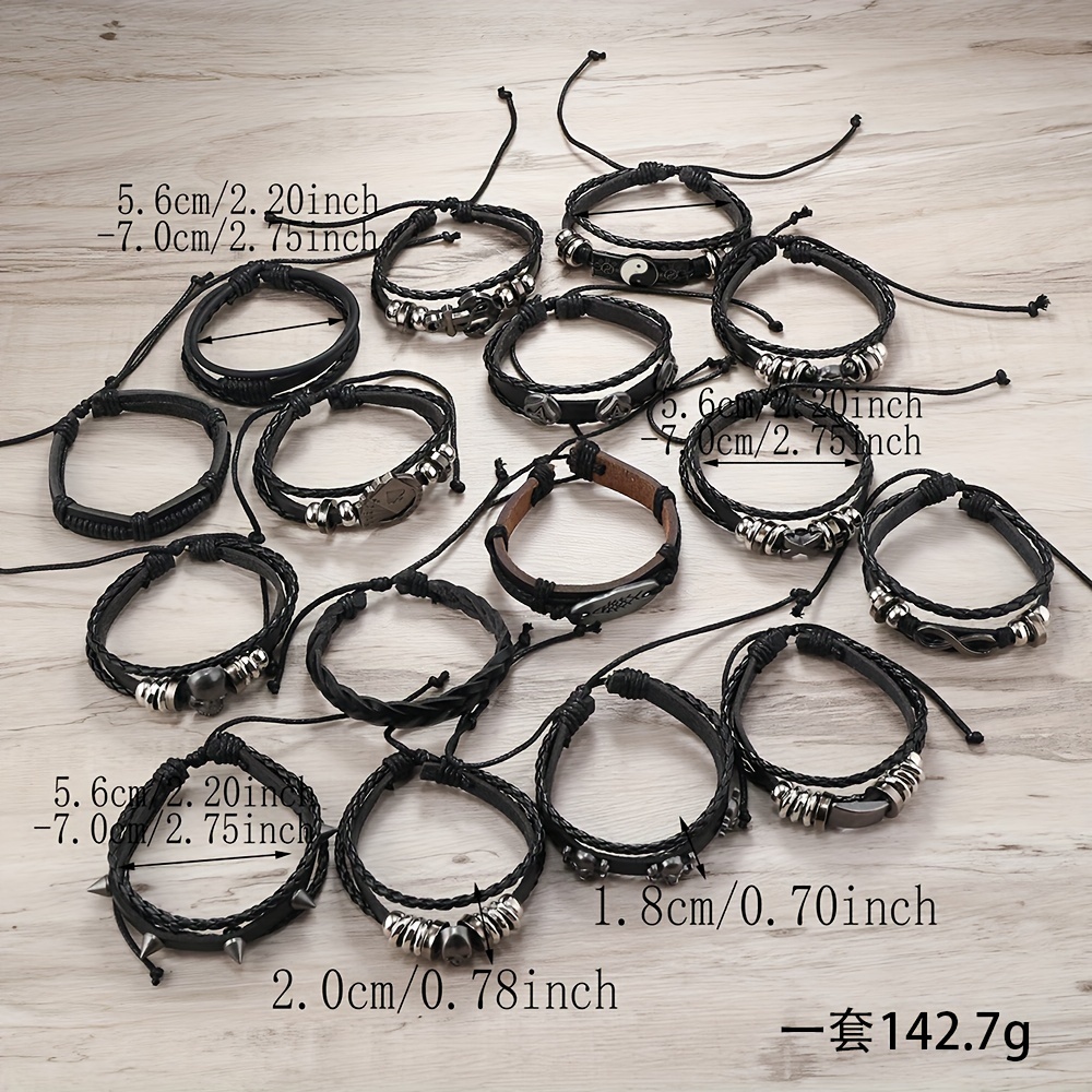16pcs Adjustable Faux Leather Men's Bracelet Set