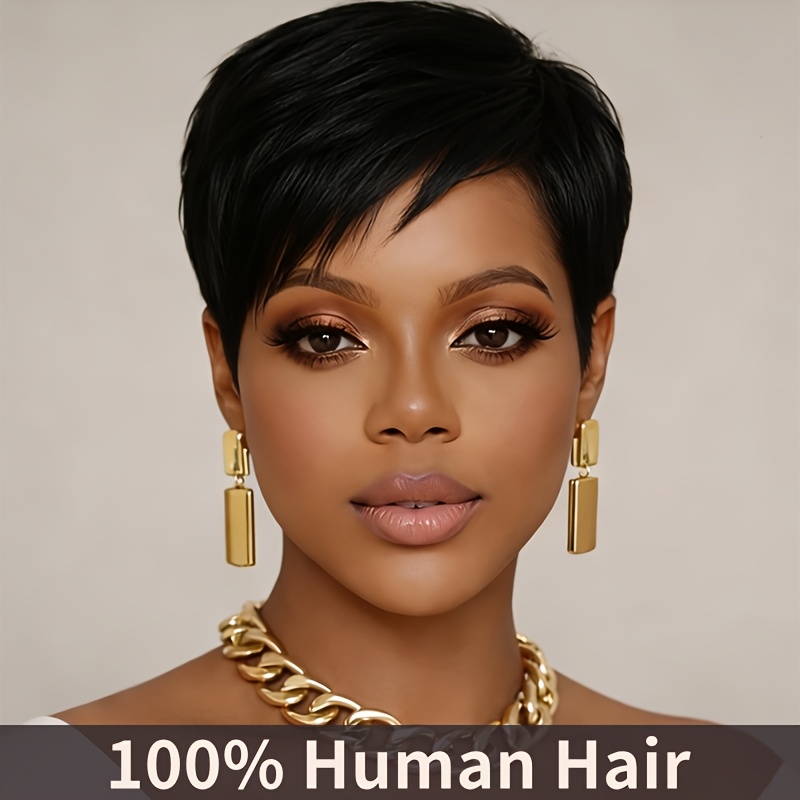 Image of Women' Brazilian Human Hair Wig Short Cut With 150% Density Suitable For Daily Wear, Straight Hair Wigs With 1b Color, Elastic For & Hair Types, &