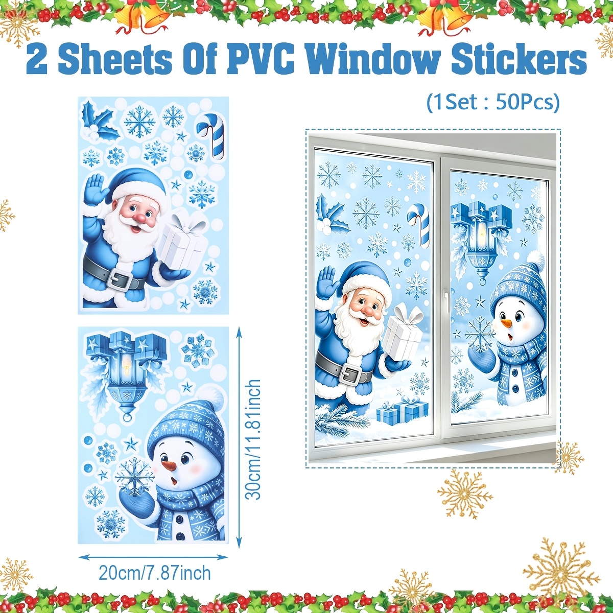 TEMU (2d Flat) 2 Sheets Christmas Blue Window Stickers, Santa Claus Snowman Design Window Stickers, Merry Christmas Party Decorations, Xmas Decor,