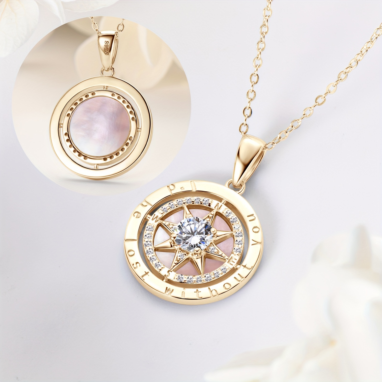 925 sterling silvery compass pendant necklace with white cubic zirconia and pink   45 5cm chain graduation gift details 0