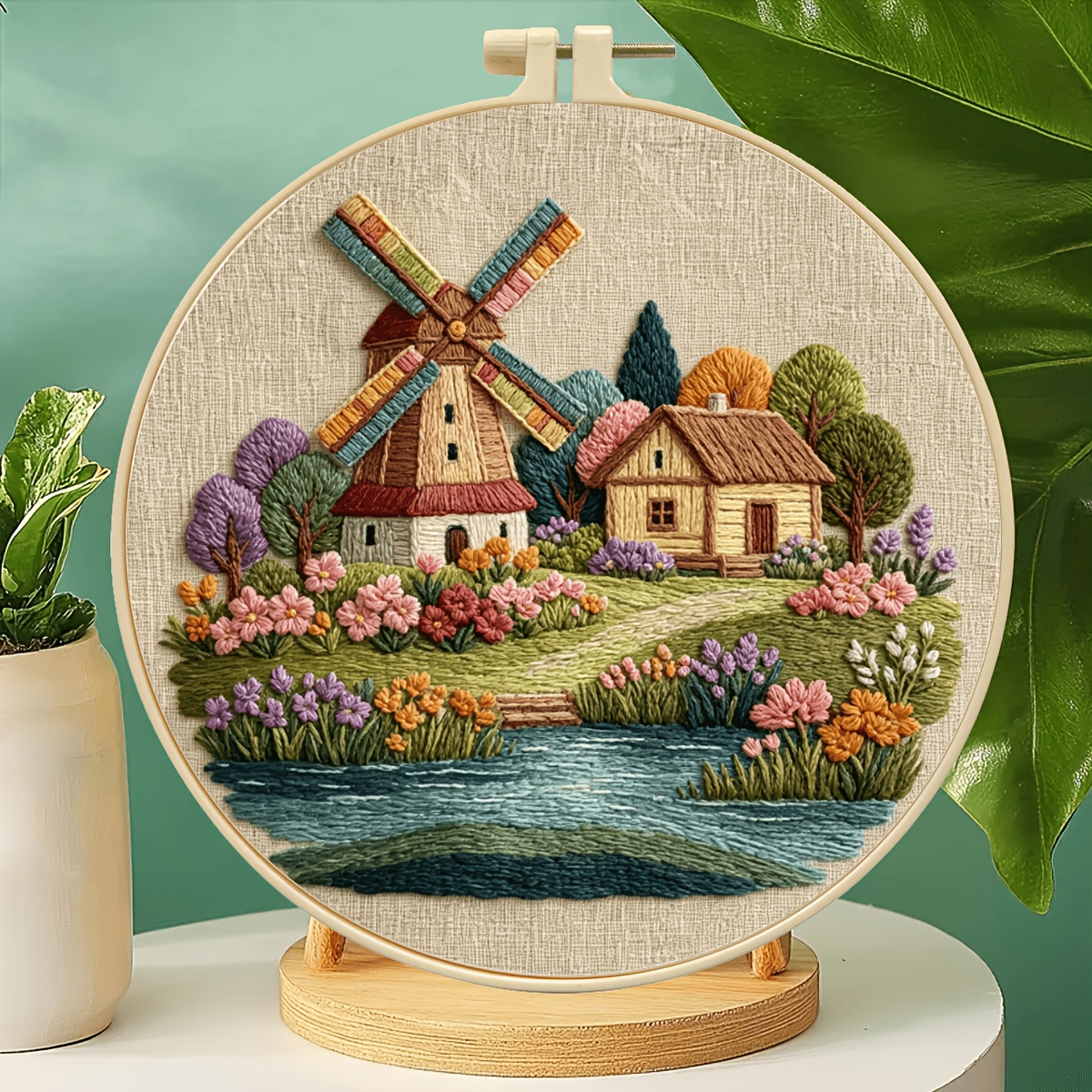 TEMU 1 Set Embroidery Kit, Wind Over Handcraft Material Pack, Beginner Full Tool Set, Scenery Home Decoration Stress Relief Handmade Hanging Painting