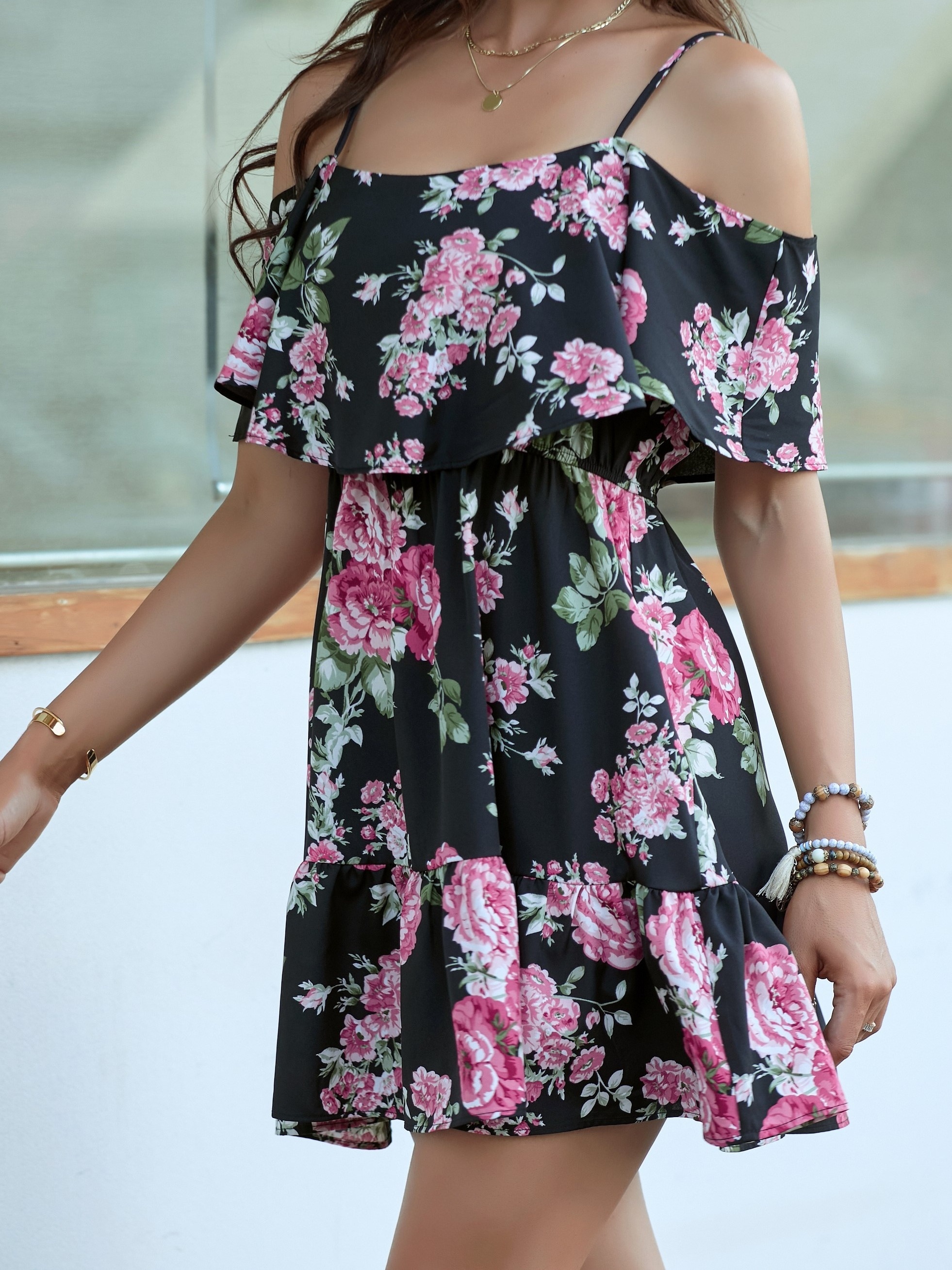 Women'S Floral Print Cold Shoulder Dress with Ruffle Hem Sleeveless  A-Line Flowy Dress for Spring Summer, Lightweight Polyester, Beige with  Blue F