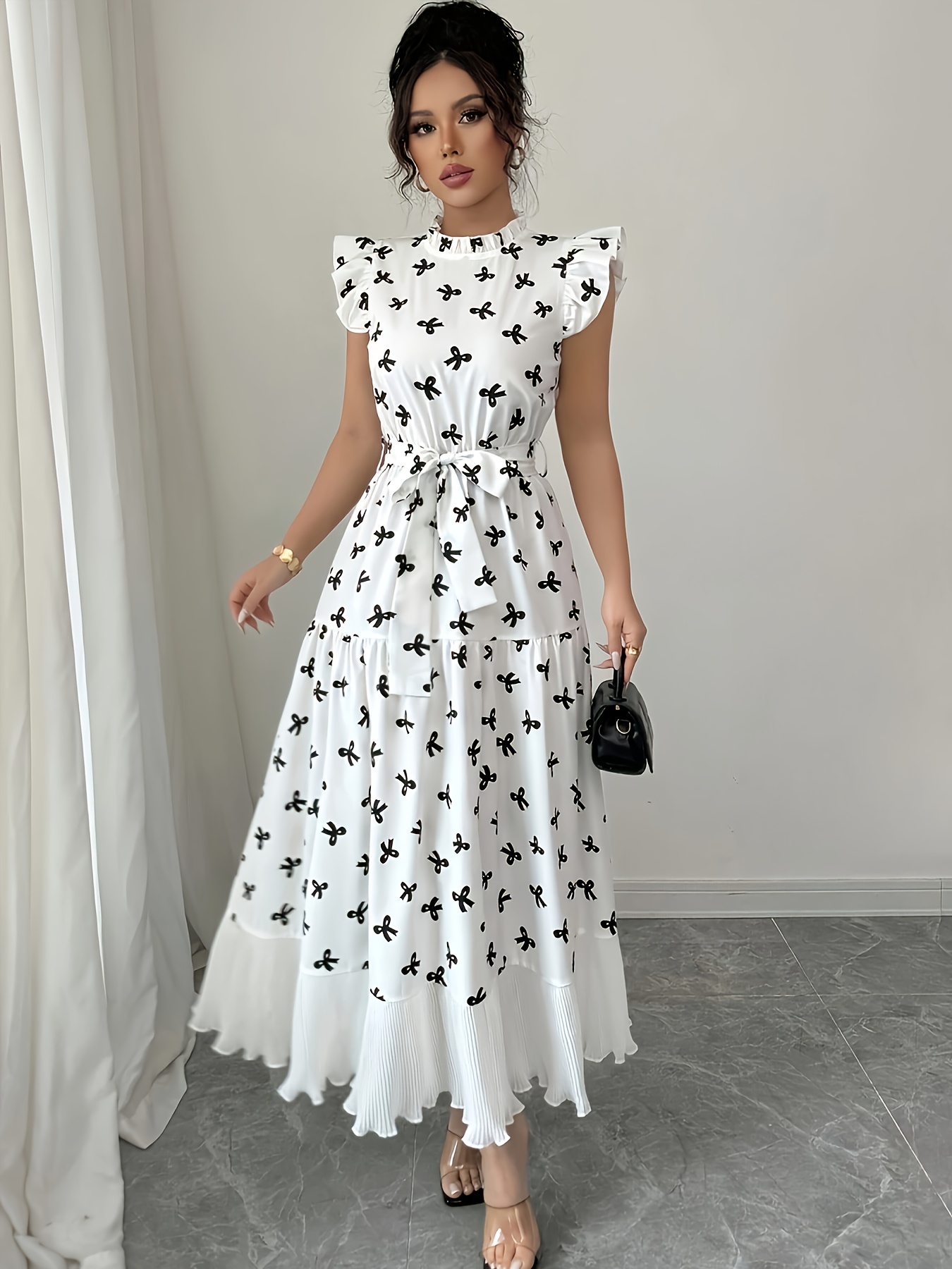 white dress with black butterflies A-Line Cocktail Dresses Elegant Dress Wedding Guest Knee Length Bow Neck Butterfly Dress 2026