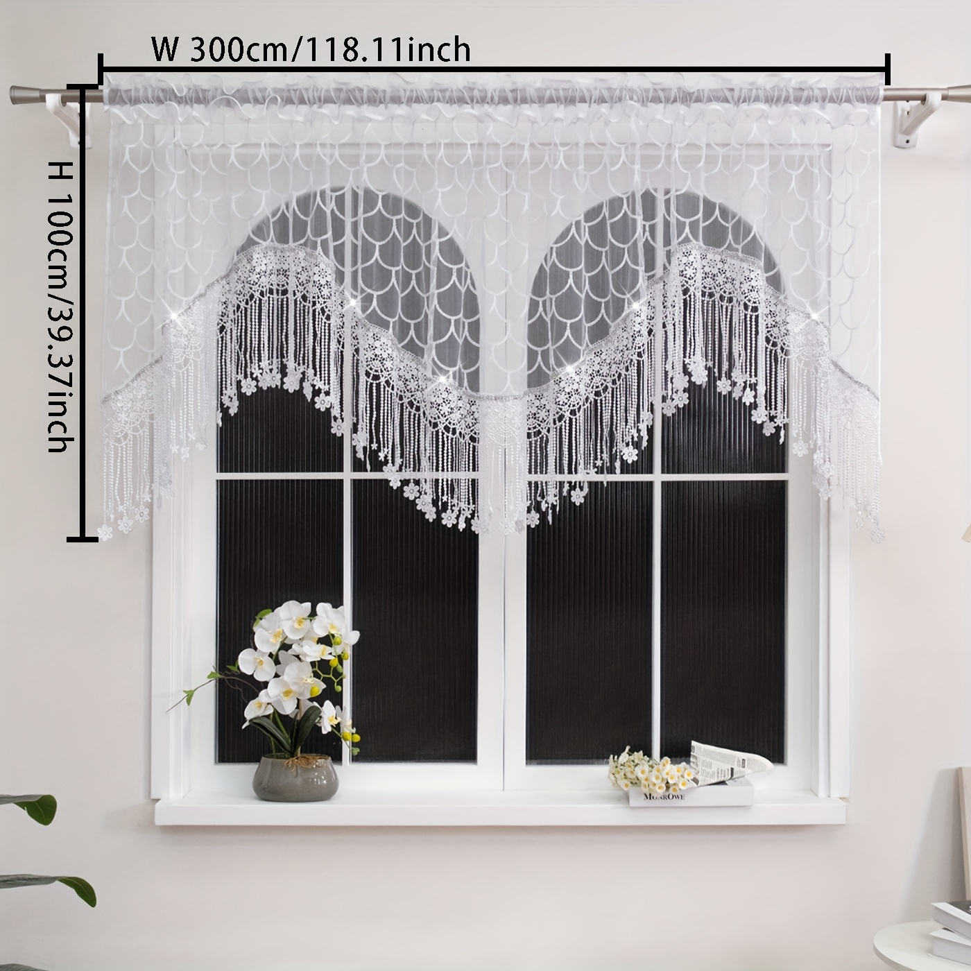 Image of A White Lace Sheer Tassel Curtain With A Unique Fish Scale , Featuring Lace With And Zirconia, In A , Suitable For Living Rooms, Bedrooms, And Dining Rooms