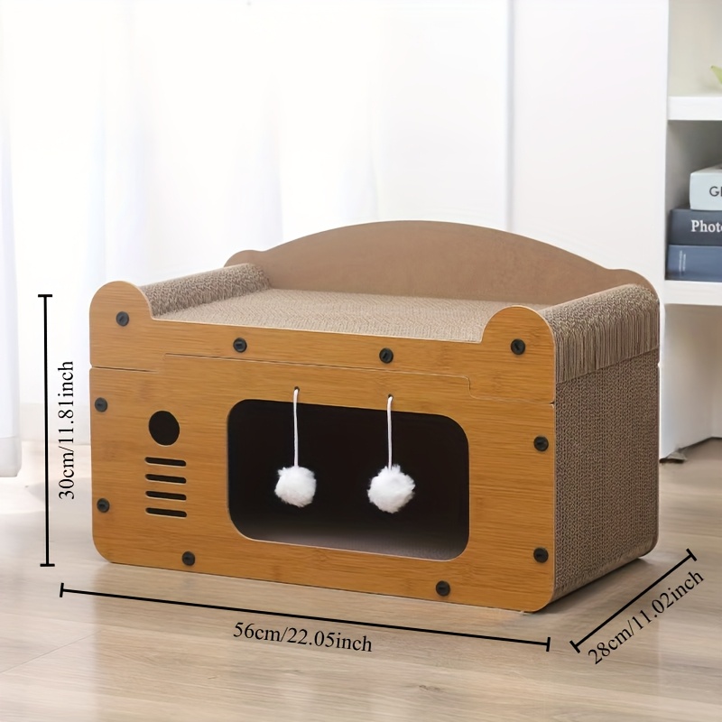 TEMU 1pc Wonders Cat Scratcher Lounge With Integrated Mat, Tv-shaped Durable Cardboard Scratching Board And Interactive Ball Toy For Cats