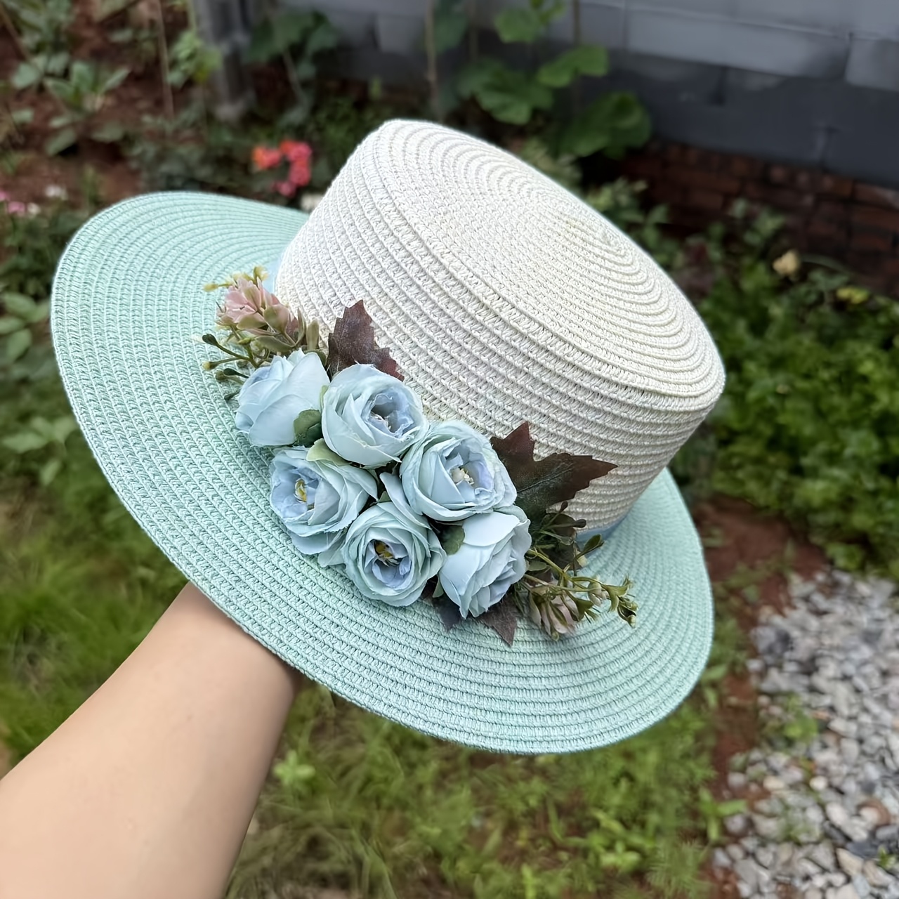 1pc floral embellished paper straw hat flat brim sun hat - Temu display picture 1