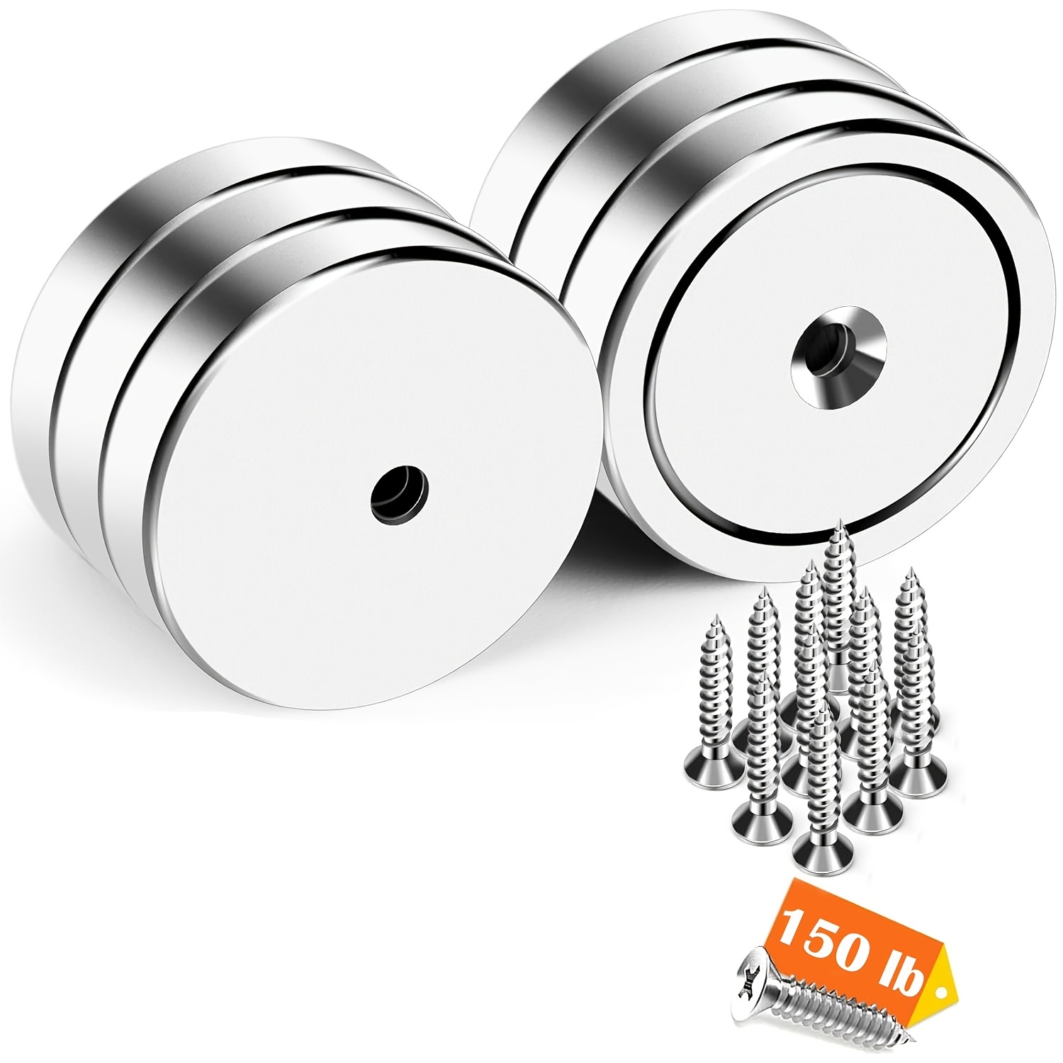 6- Magnetic Hooks 150 Lbs Pull Force Neodymium Magnet With Countersunk Hole Round Base, Screws Included, For Holding Tools Lifting, Hanging (silvery)