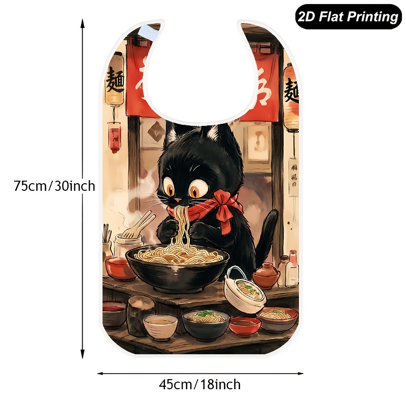TEMU 1pc Stylish Convenient Bib, Black Cat Eating Noodles At Pattern, Designed For Adult Dining, Effectively Prevents Food , Washable And Durable