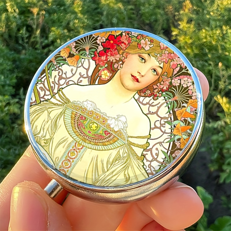 

Alphonse Mucha Rêverie Art Nouveau 3-compartment Round Pill Organizer, Fashionable Mini Pill Case, Portable Household Medicine Holder, Ideal For Travel & Purse - Unique 1pc Gift Item.