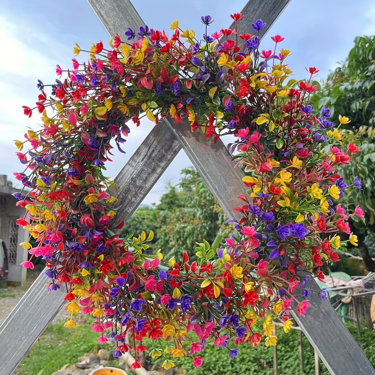 

1pc, Colorful Ukulele Wreath, Spring Summer Door Hanging Wreath, Colorful Flowers With Plastic Eucalyptus Leaves, Farmhouse Yard Outdoor Wreath, Holiday Accessories, Door Hanging Wall Hanging Wreath