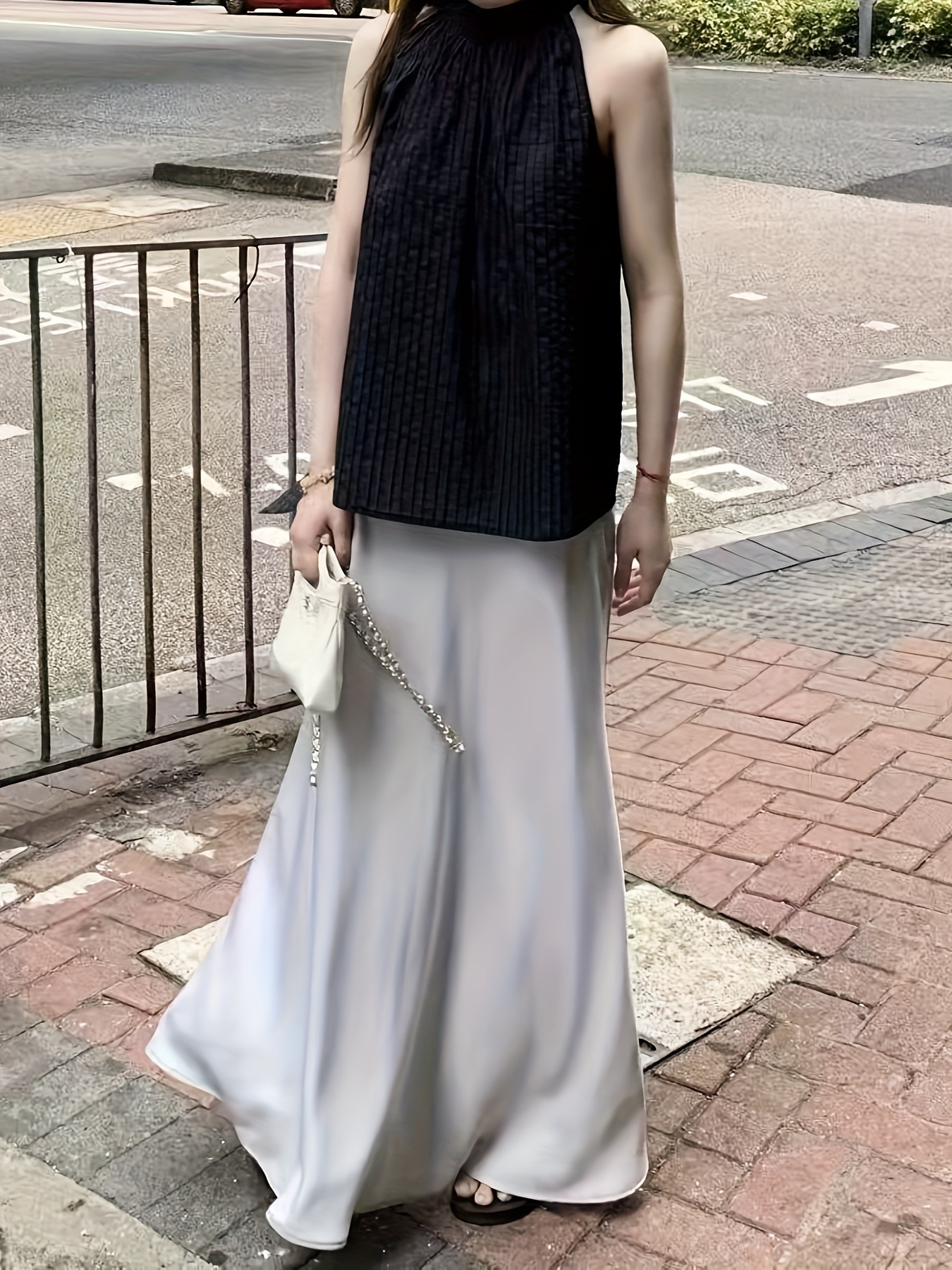 womens light gray pleated midi skirt zipper detail spring Temu