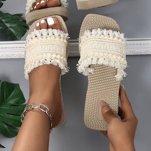 2026 style spring summer trendy casual outdoor versatile style 1pc with tassel cross strap womens beach thick sole slides women