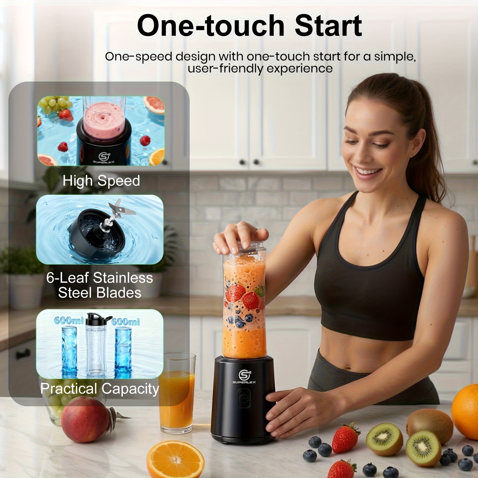 TEMU Superlex 400w Blender, Juicer, Mixer And Food Processor With 2 X 600ml Bottles Compact Jug Blenders Operation Personal Mixer For Protein Shakes