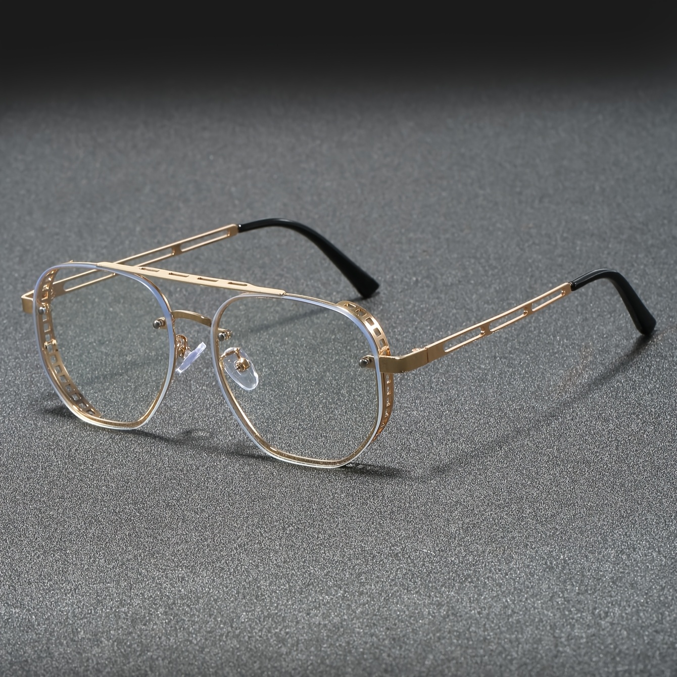 

Golden Metal Frame Glasses, Vintage Steampunk Style, Hollow Double Beam Design, Fashionable Decorative Non-prescription Eyewear For Business And Casual Wear