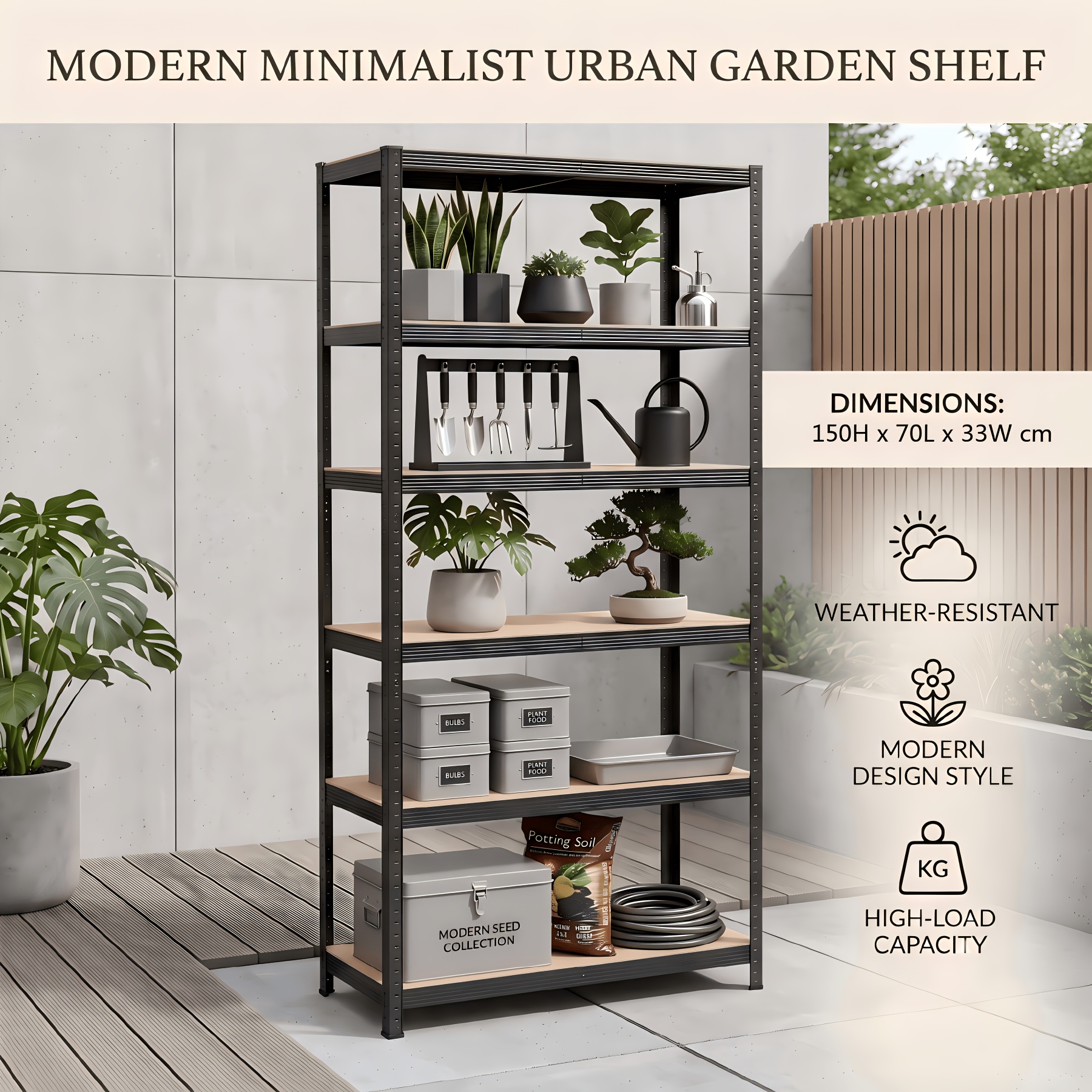 Image of 180cm Heavy Duty Shelving Unit, Rivetless Press- Assembly, Garden Shed, 180cm Tall, , Black And Silvery, Garden Tool Rack