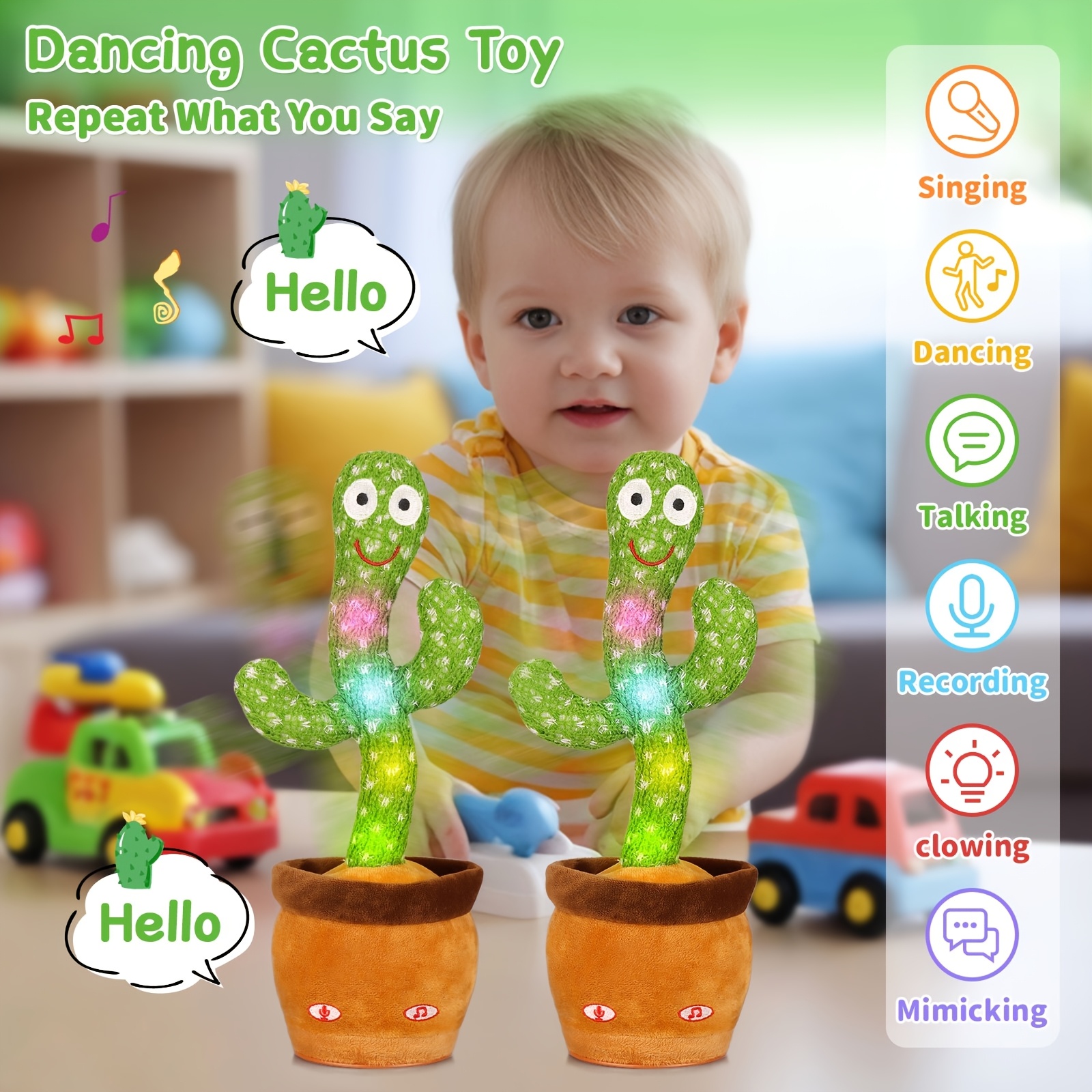 * Cactus Toy for Children Dancing, Talking, Plush Puppet Singing, Imitating  Recording, Repeating What * Sunshine Cactus, Electronic Luminous Plush Toy  (without Battery) 2pcs