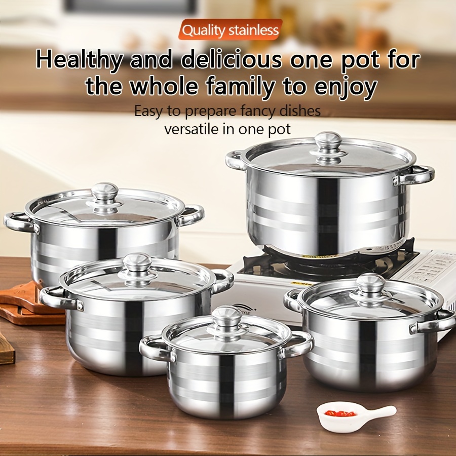 

10pcs Set Of Steel Cooking , Steel , 5 + 5 Pot , Steel Double Lid, Pot, Suitable For , Accommodation, Gatherings, , Induction Cooker, Gas , Suitable For , , , Pasta,