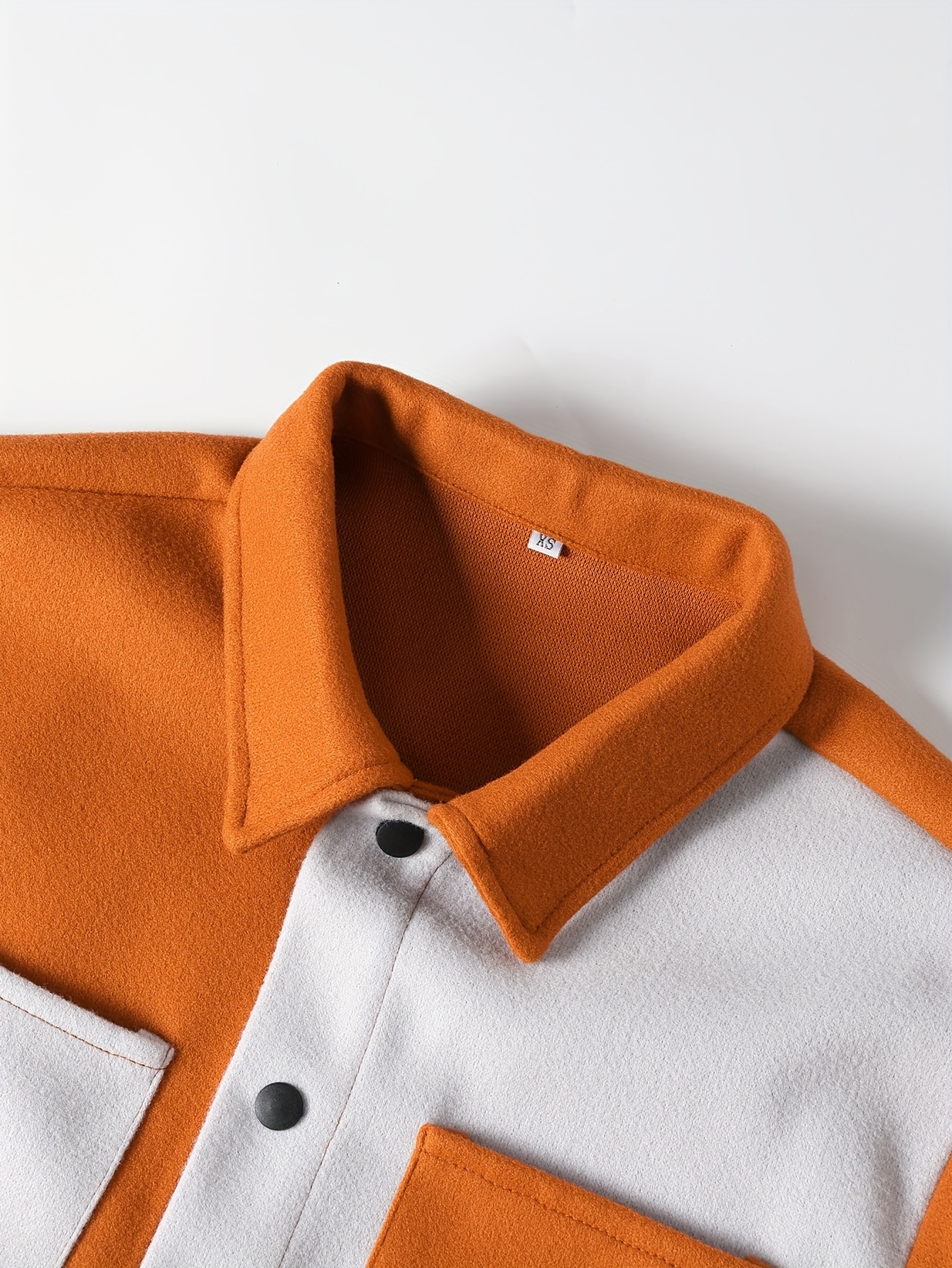 Men's Color Block Corduroy Jacket - Casual Winter Coat with Pockets, Button-Up Front, Orange & White Design, Snap Closure, Polyester Material