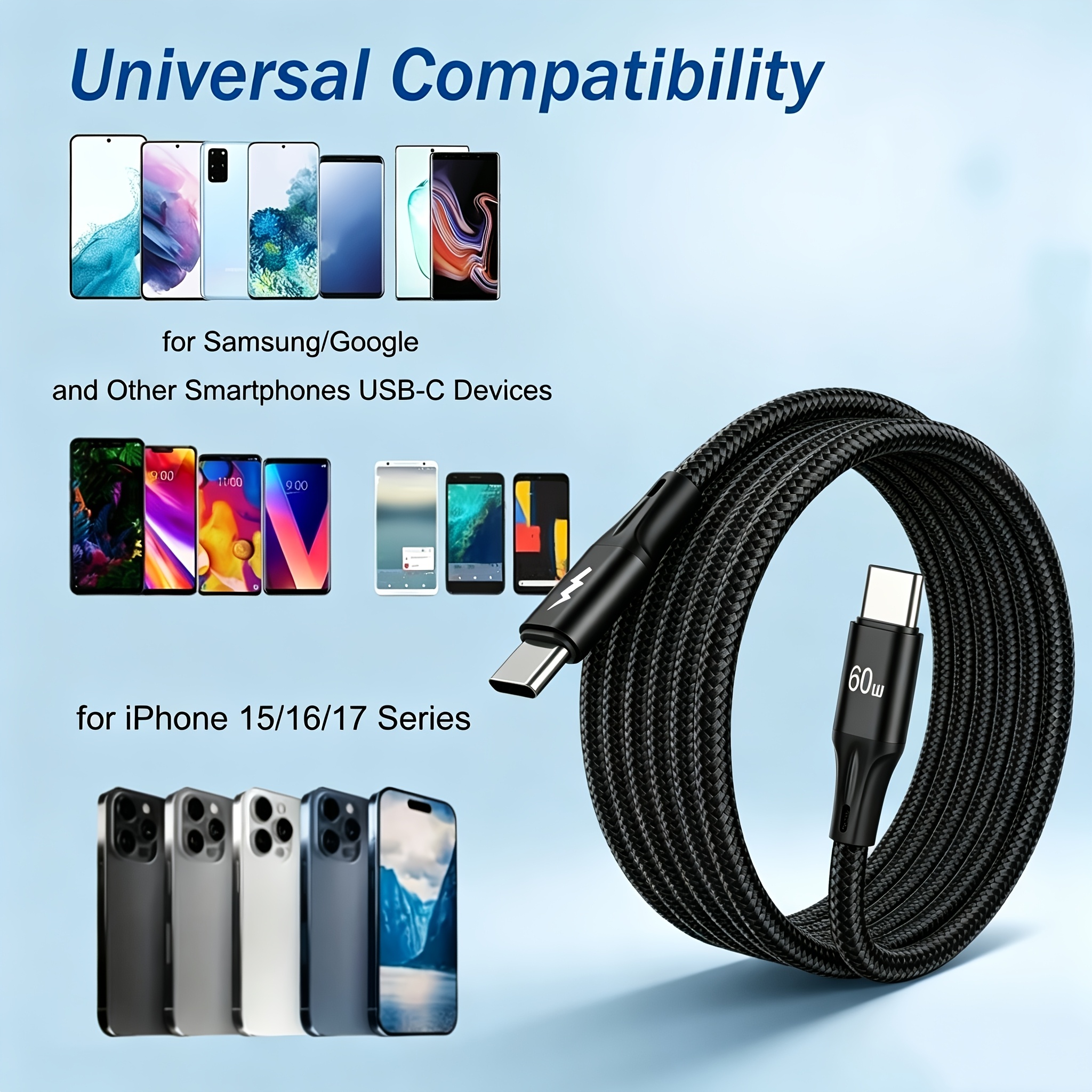 5pcs USB to USB-C Cable 60W Fast Charging, Durable Braided