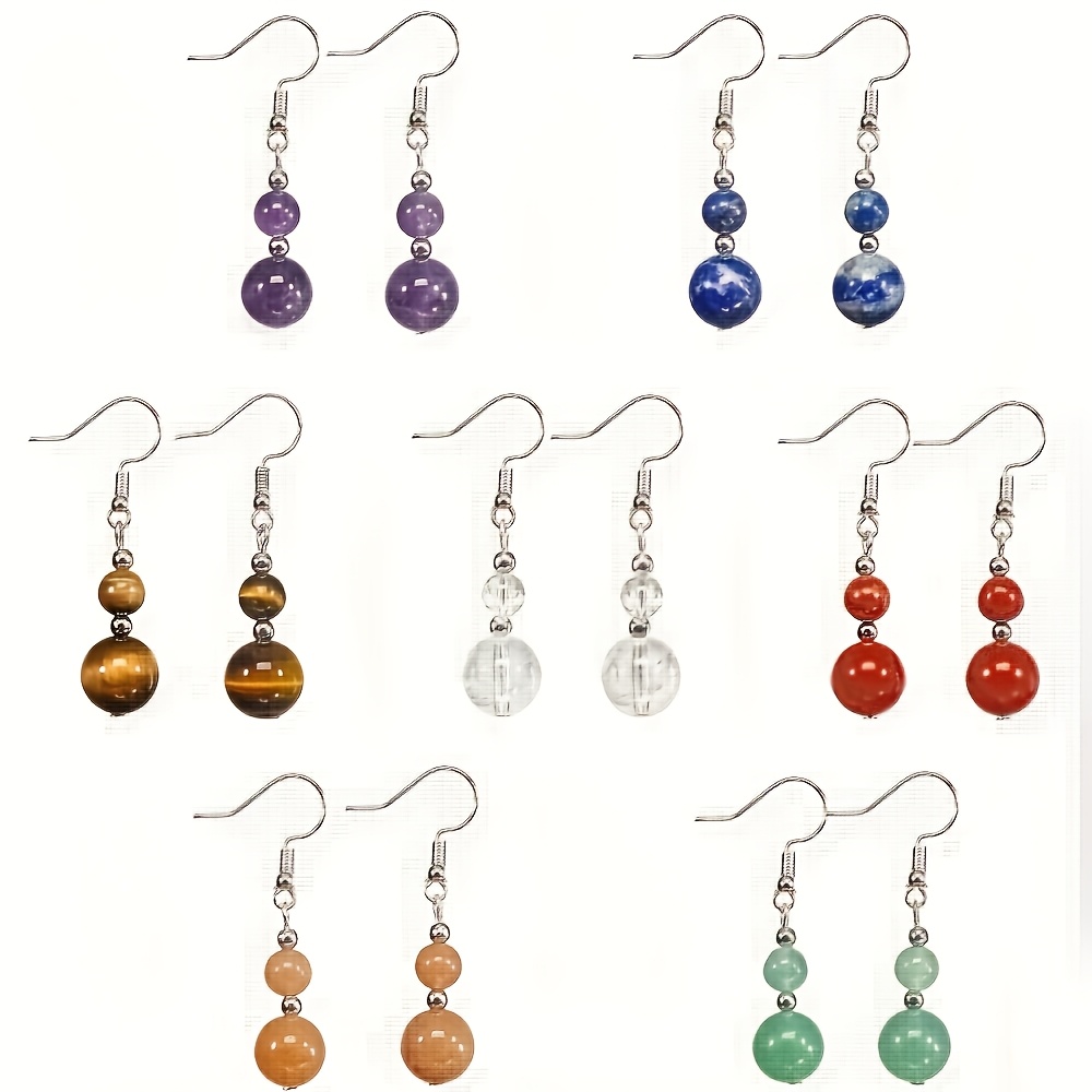 TEMU 7 Pairs Bohemian Style Stone Beaded Earrings - Tiger Eye & Aventurine Dangle Pendants, Vintage Chakra Jewelry For Daily Wear & Gifts, Versatile