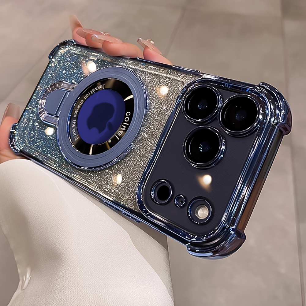 TEMU Coque de téléphone - coque de téléphone ultra-antichute avec support électroplaqué et paillettes laser, compatible avec Iphone 17 16 15 14 13 12