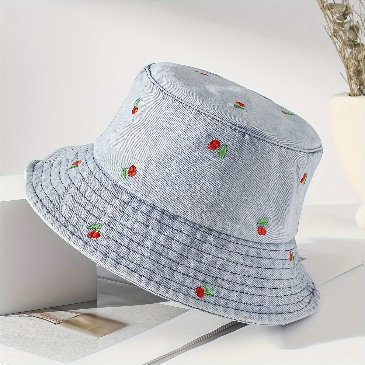 

Cherry Embroidered Bucket Hat For Women, Casual Washed Look, Sunshade Basin Cap, Lightweight Adjustable Fisherman's Hat For Girls