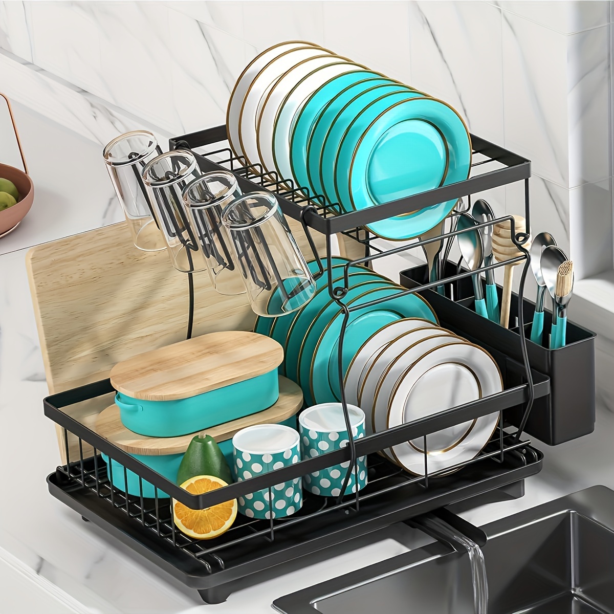 

Extra-large Stainless Steel Dish Rack With Utensil Holder - Double-deck Kitchen Organizer For Dishes, Bowls & Cutlery Storage - Space-saving Countertop Shelf For Drying And Draining