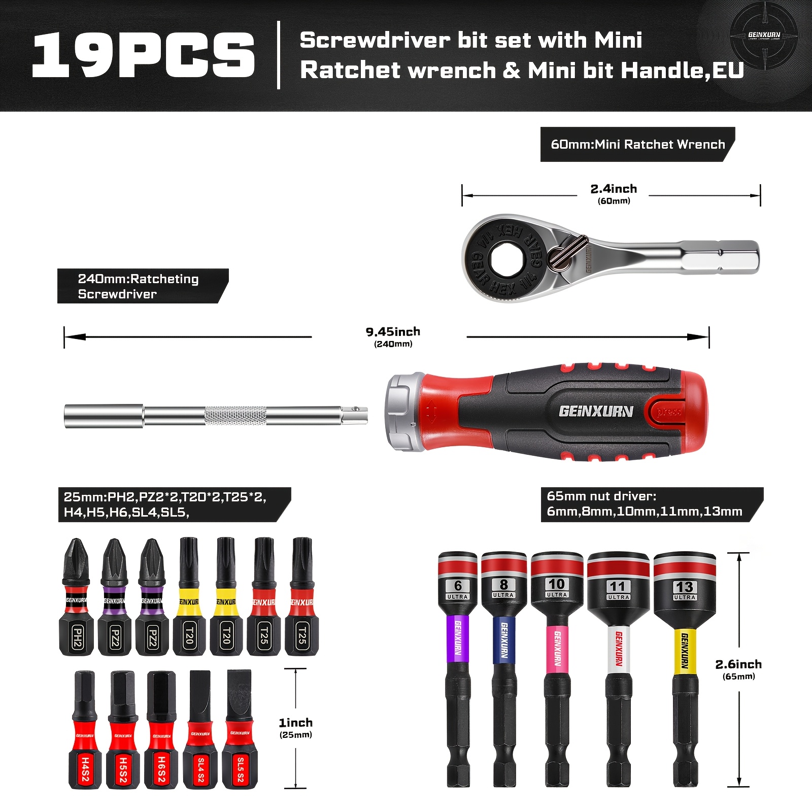 Geinxurn 19pcs Ratchet Screwdriver Set With Magnetic Bit Holder, Ergonomic Handle With Bit Storage, Includes 12pcs Bit Set (ph/pz/torx/hex/sl), Socket Wrench, Mini Ratchet Wrench