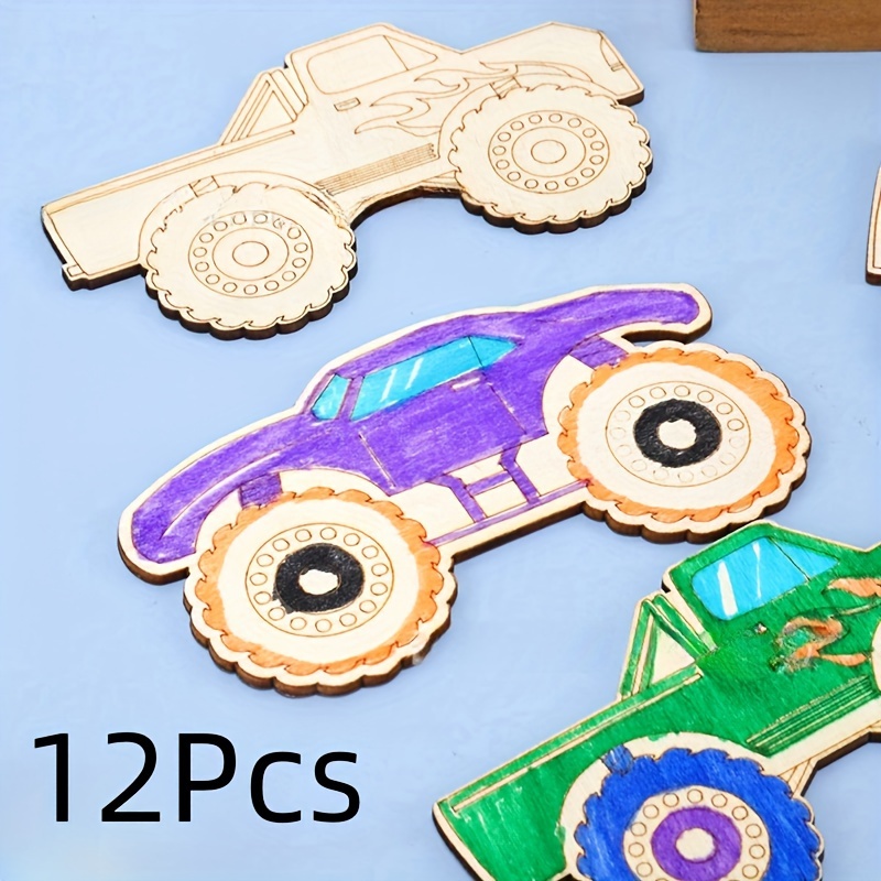 

12pcs Wooden Set - Paintable Diy Car , Mixed Styles, Collectible Decorative Wood For Art Projects