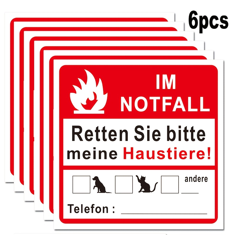 E-shop 6 Blätter/Packung Deutsche Notfall-Haustierrettungsaufkleber, 4x4 Zoll PVC sonnenbeständige Etiketten, Rettet unsere Haustiere in Notfällen,