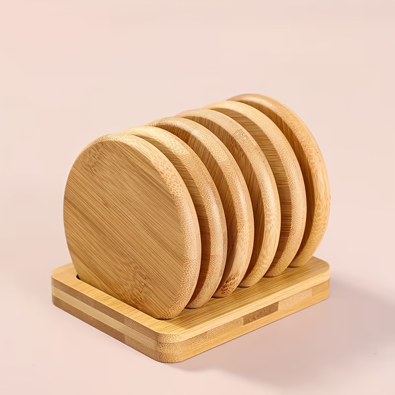 TEMU Wooden Coasters With Storage Rack - Minimalist & Creative Round Heat-resistant Coasters, Ideal For Home Decoration, Protect Teaware And Teacups,