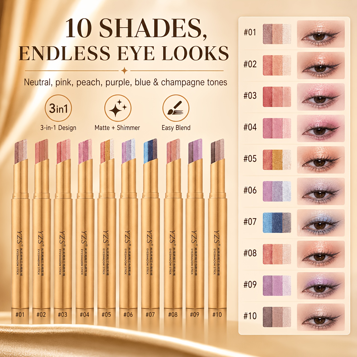 TEMU 10 Colors Eyeshadow Stick Set - 3-in-1 Cream Eyeshadow Pencil With Matte & Shimmer Finish, Palette Suitable For Women' , Party Looks, Blending